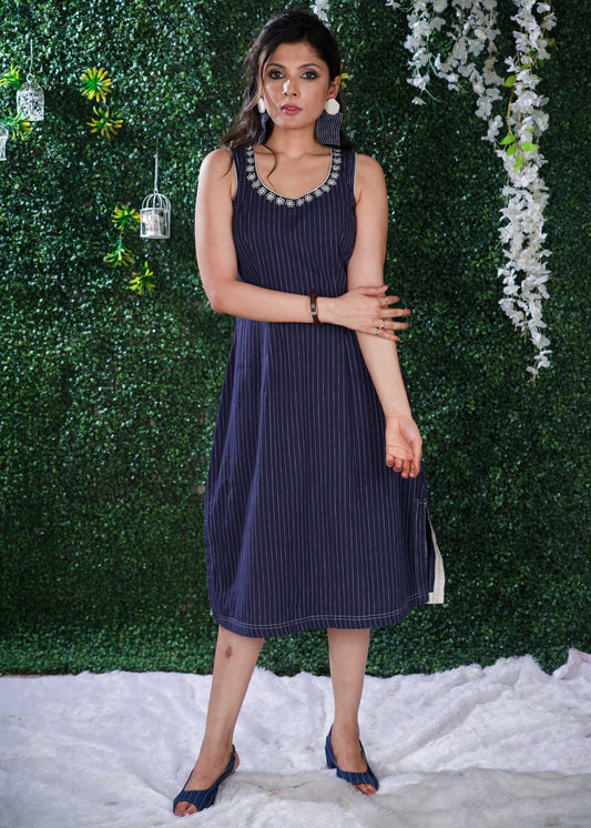 Blue striped Cotton one piece dress with embroidery on neckline