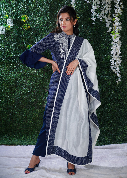 Blue Ikat Cotton Kurta with Elegant Embroidery and matching Chanderi Dupatta 2 Pc - Pant optional