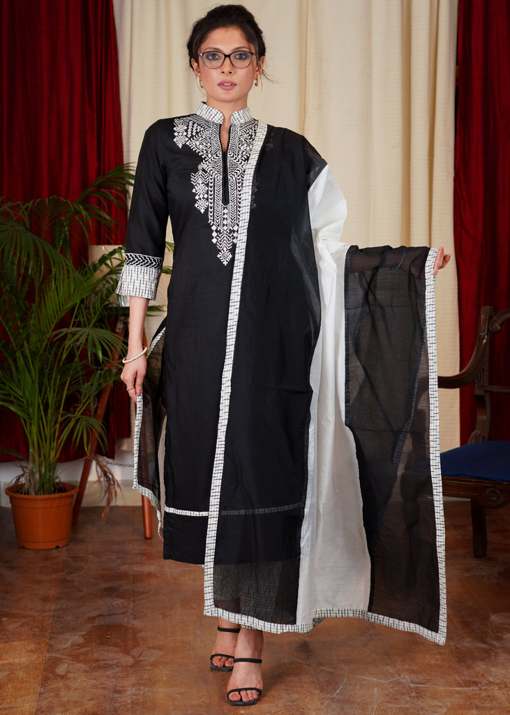 Graceful Black & White Ikat Combination Kurta, Pant , Dupatta Set - 3 Pc