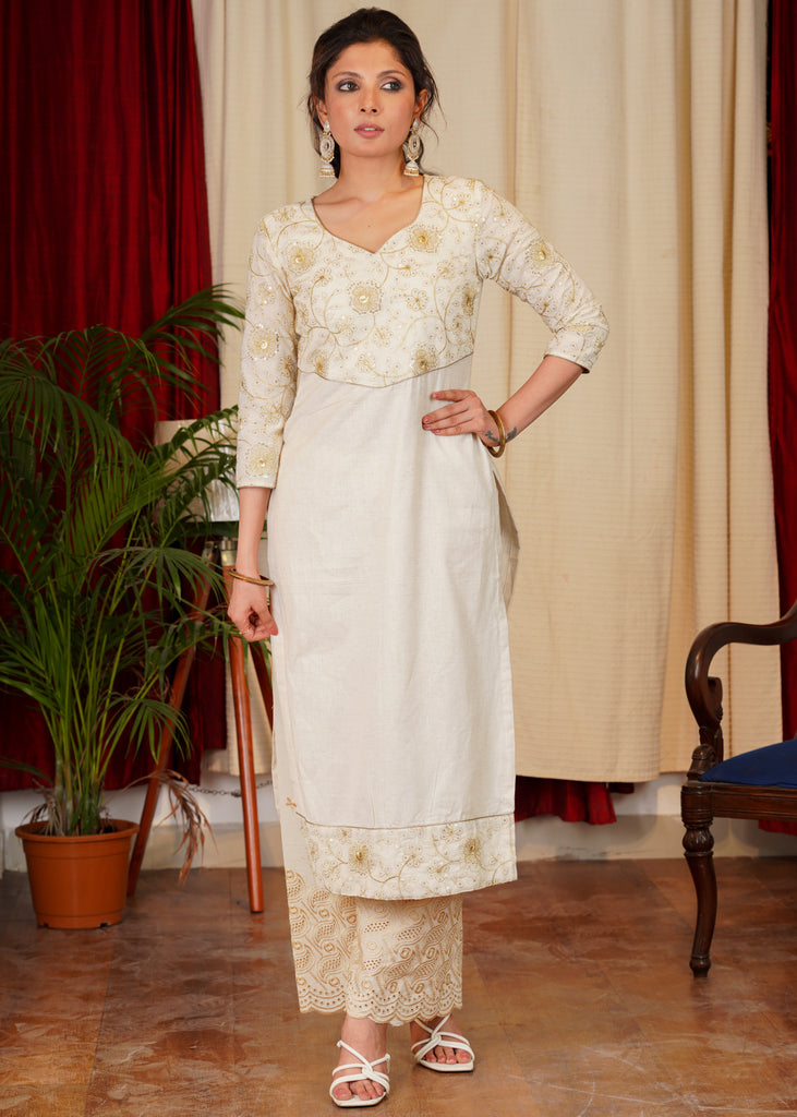 Elegant Offwhite and Gold Combination Embroidered Kurta