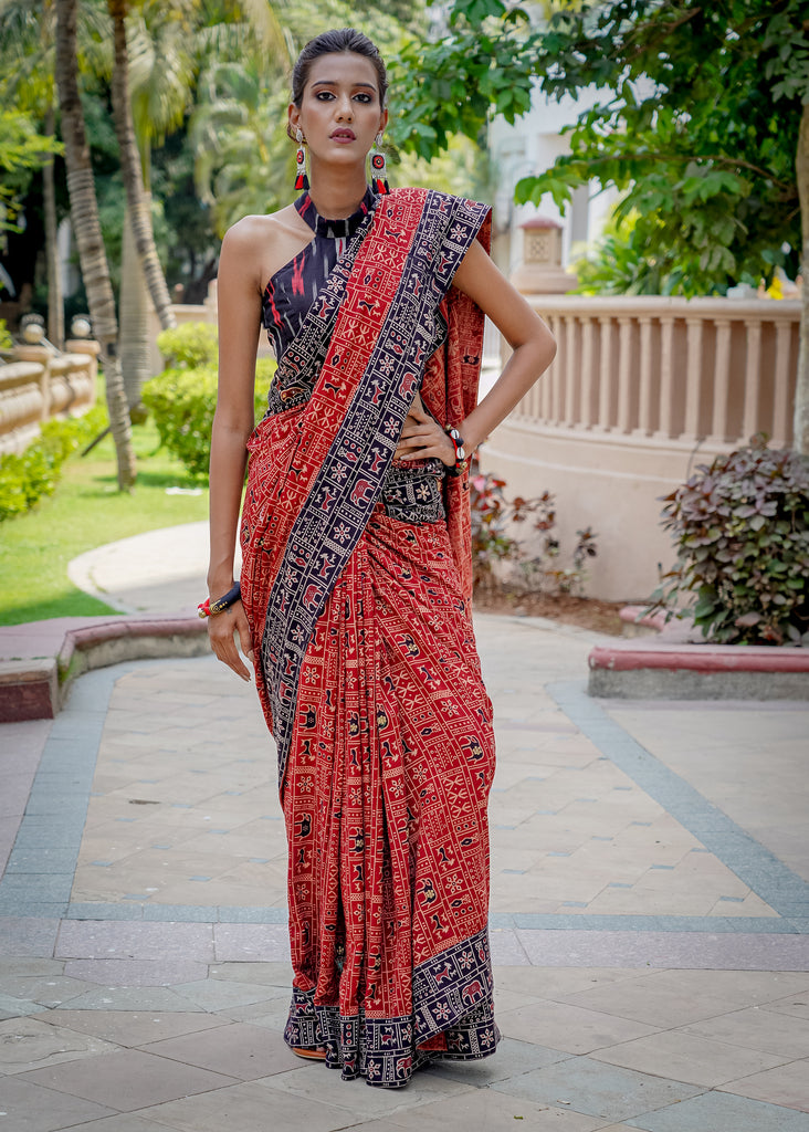 Exquisite Ajrakh cotton animal print maroon & black saree