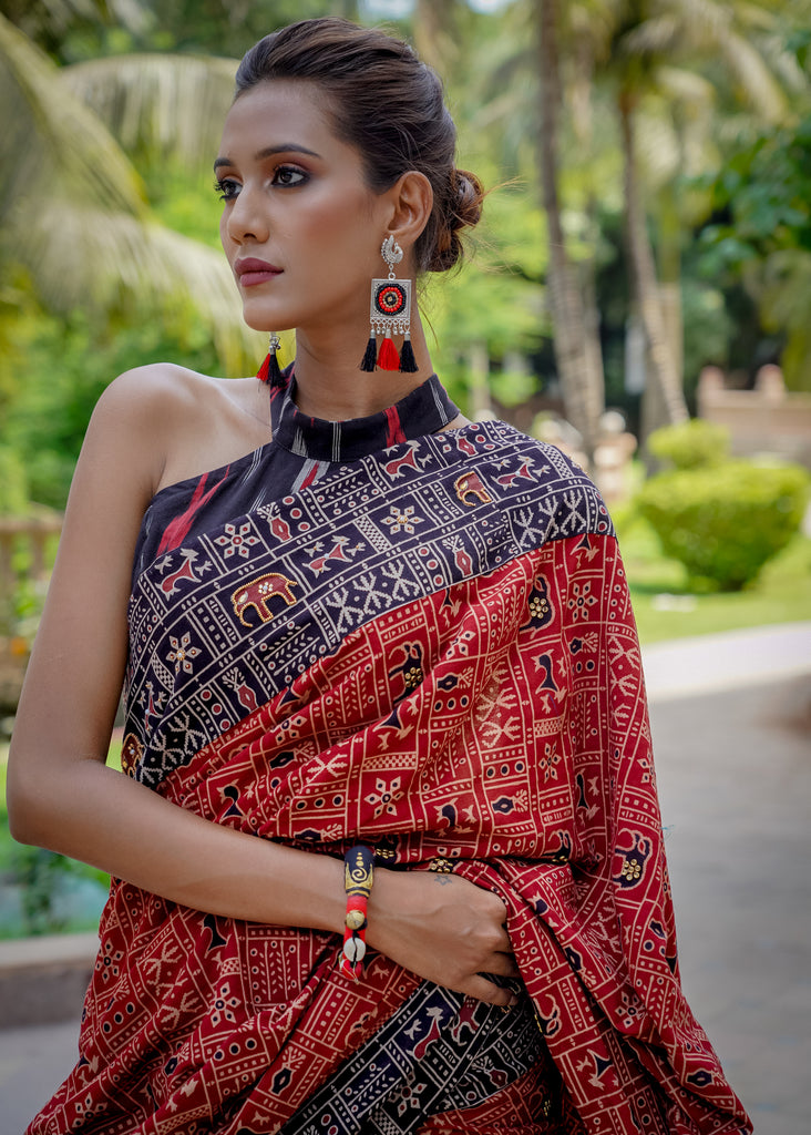 Exquisite Ajrakh cotton animal print maroon & black saree