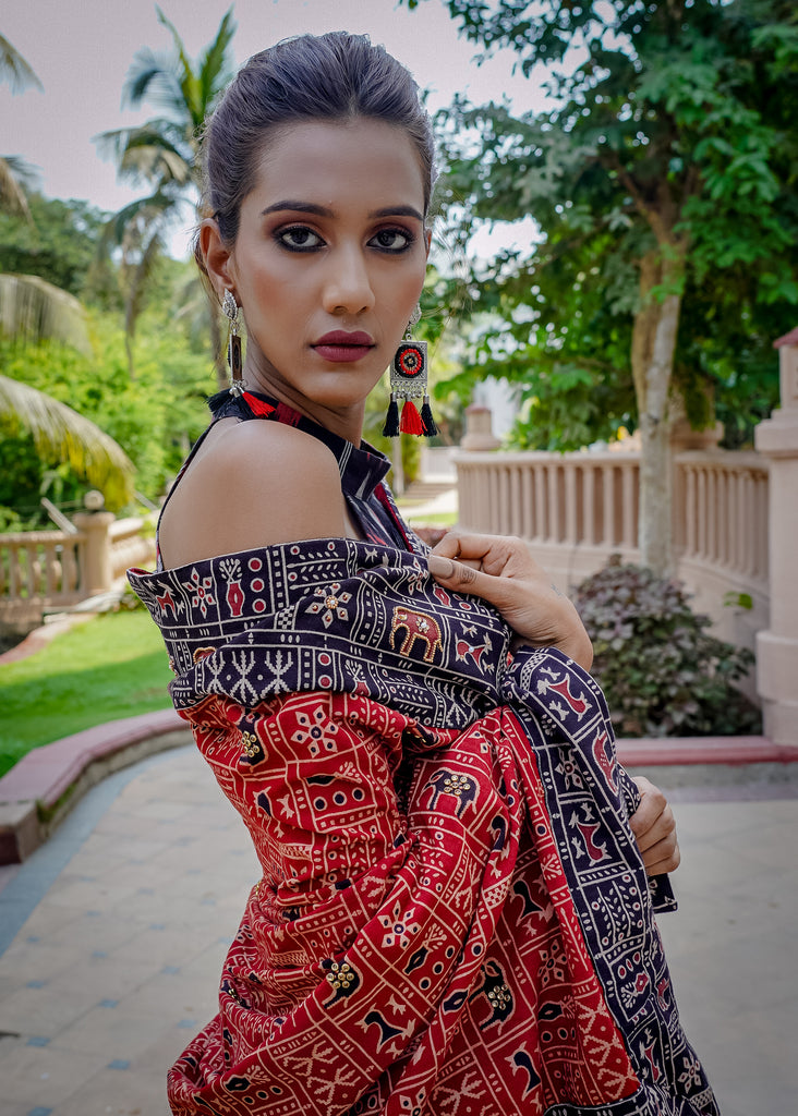 Exquisite Ajrakh cotton animal print maroon & black saree