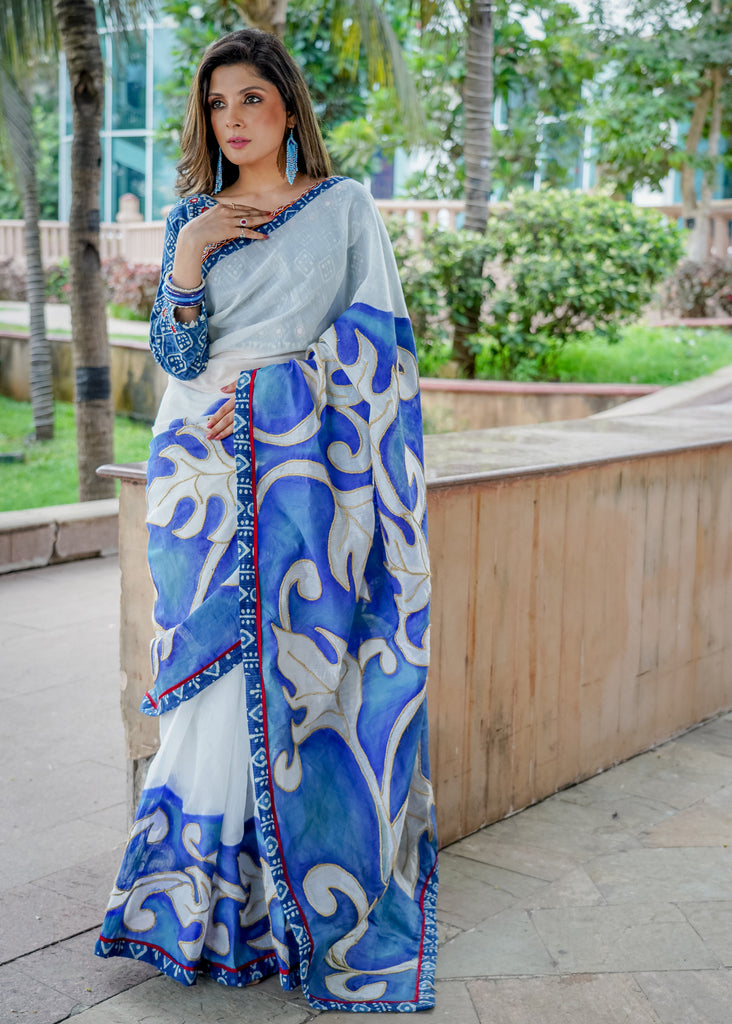 Chanderi blue handpainted saree with golden rope highlighting