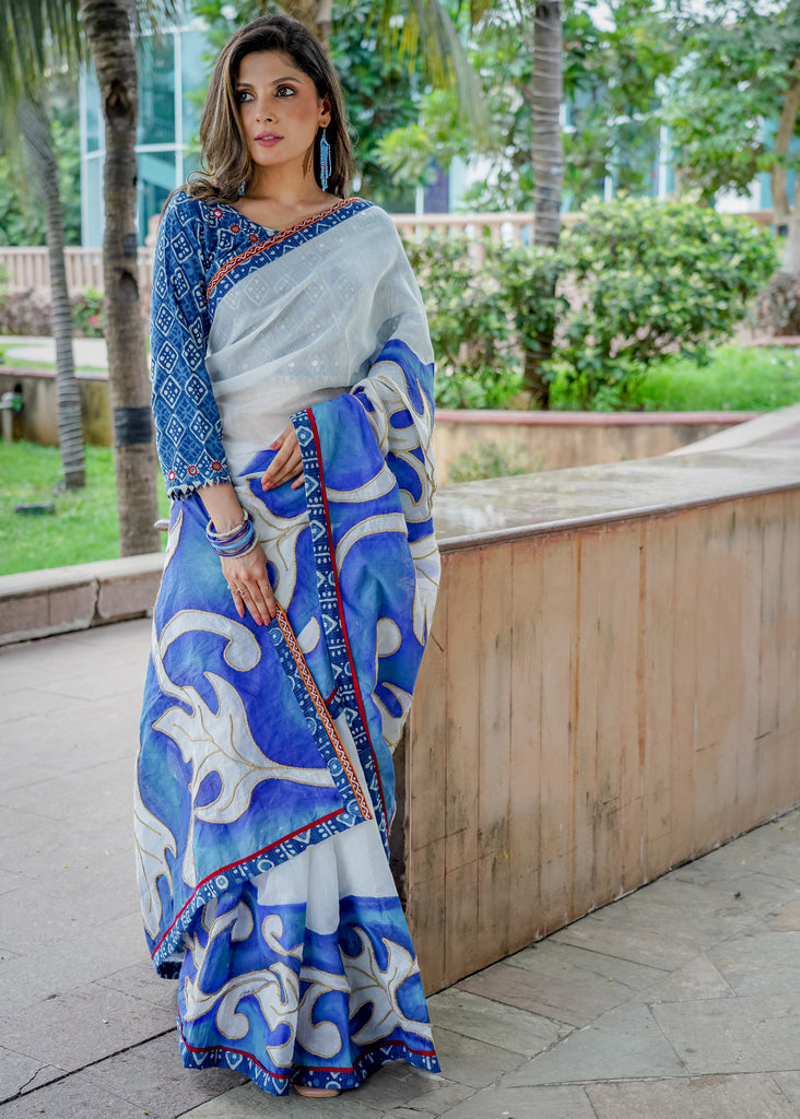 Chanderi blue handpainted saree with golden rope highlighting