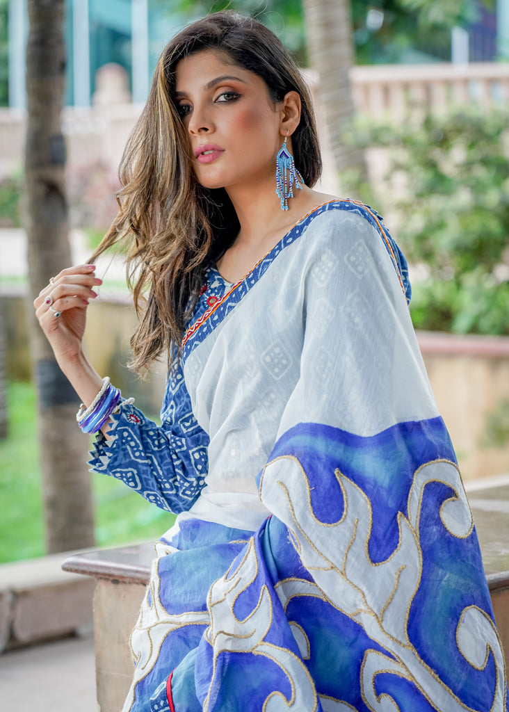 Chanderi blue handpainted saree with golden rope highlighting