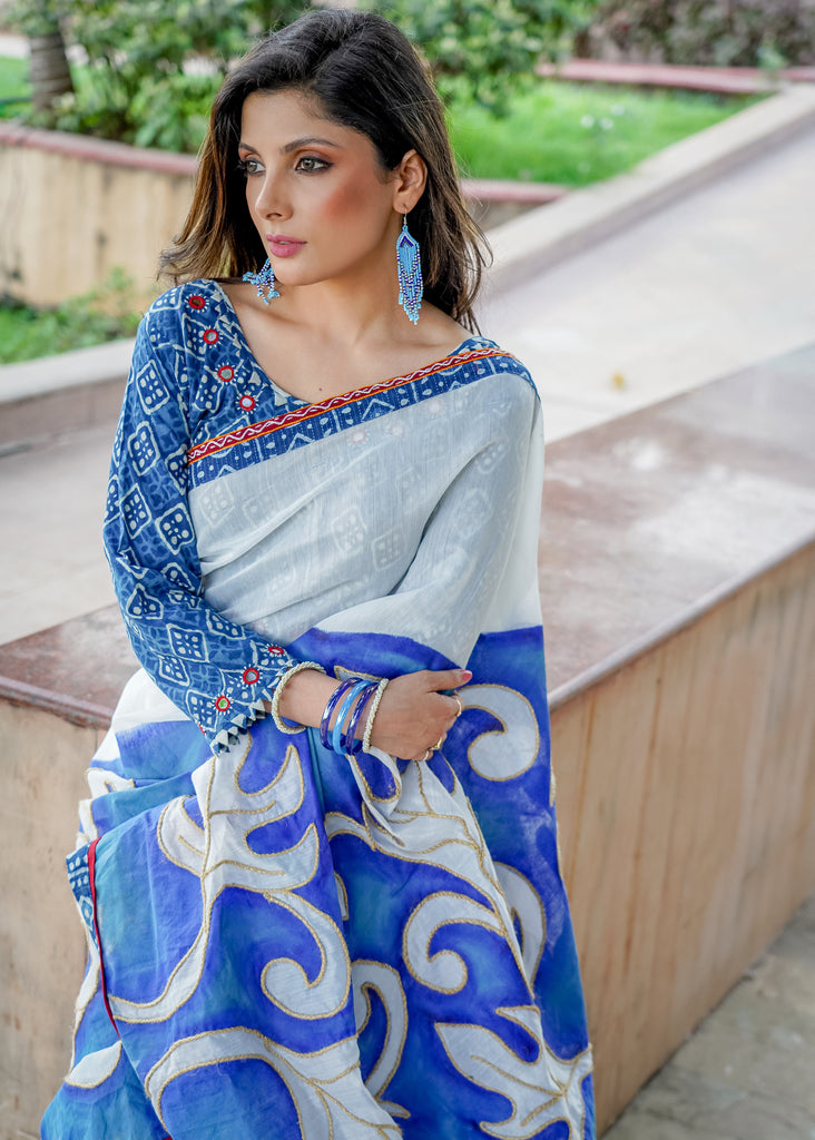 Chanderi blue handpainted saree with golden rope highlighting