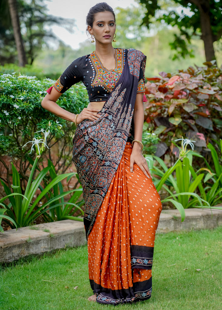 Modal silk saree with exquisite Ajrakh & Bandhej combination