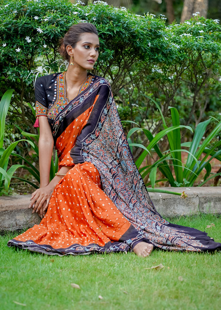 Modal silk saree with exquisite Ajrakh & Bandhej combination