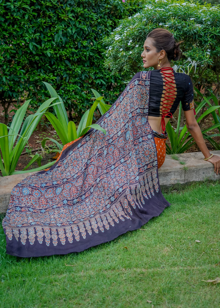 Modal silk saree with exquisite Ajrakh & Bandhej combination