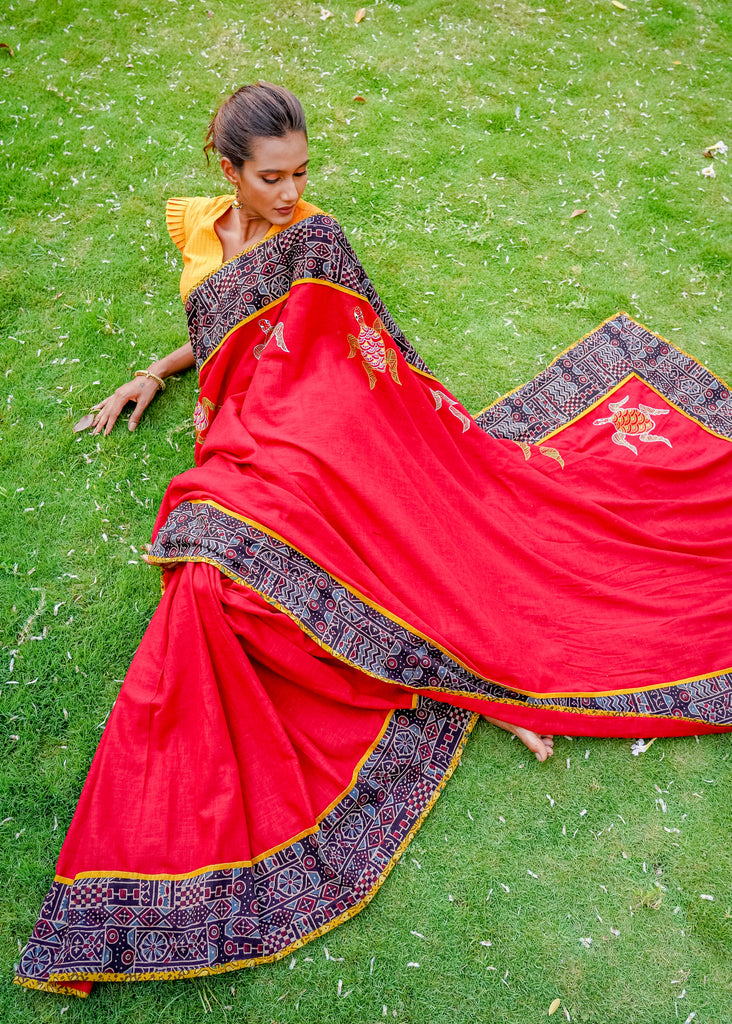 Maroon cotton saree with exclusive Ajrakh combination with Gond painting