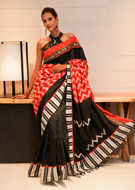 Fancy red and black Ikat with Chanderi combination saree