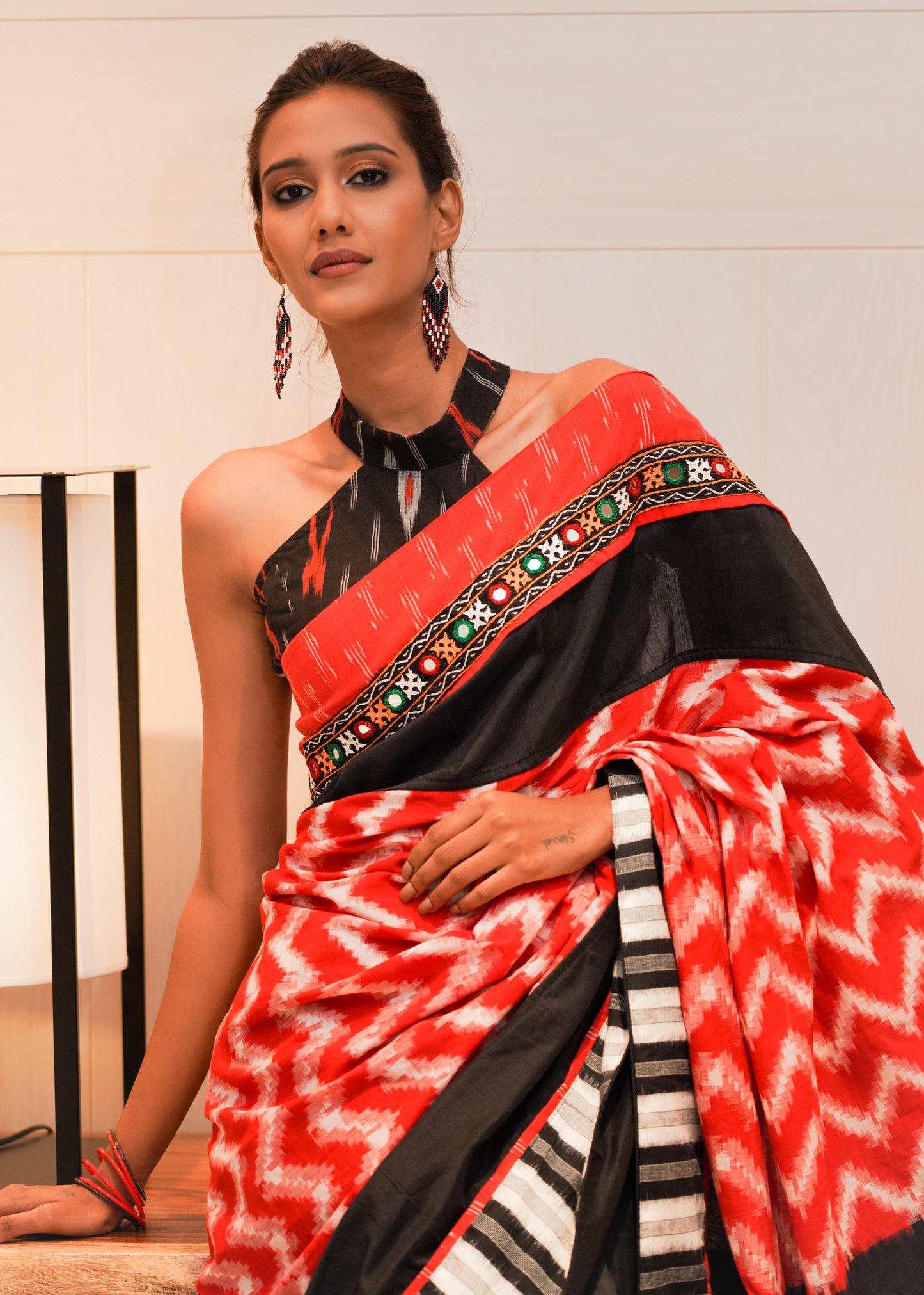 Fancy red and black Ikat with Chanderi combination saree