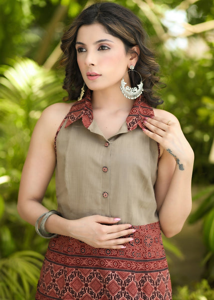 Classy Cotton Ajrakh Halter Neck Kurta -Pant Optional