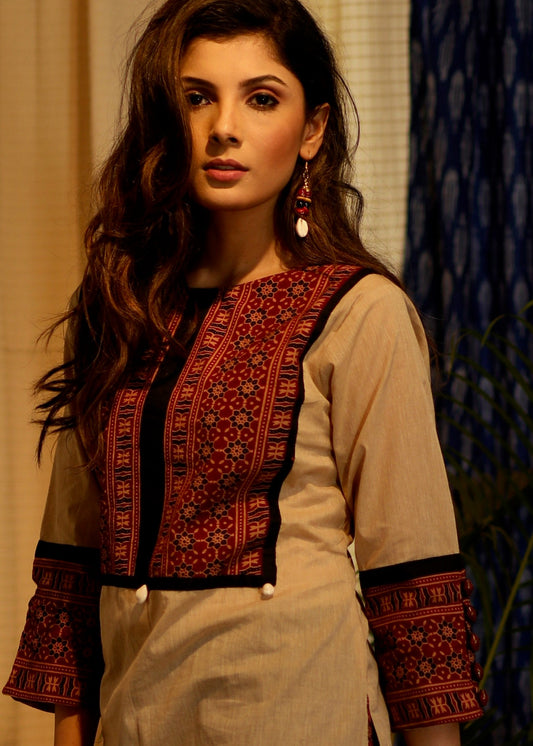 Straight Cut Cotton Handloom Kurta with Ajrakh yoke and sleeves