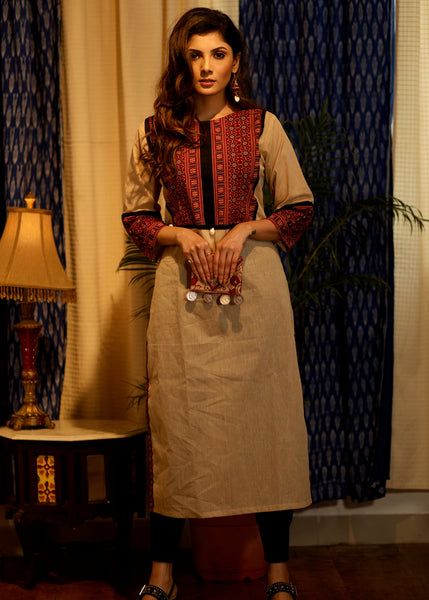 Straight Cut Cotton Handloom Kurta with Ajrakh yoke and sleeves