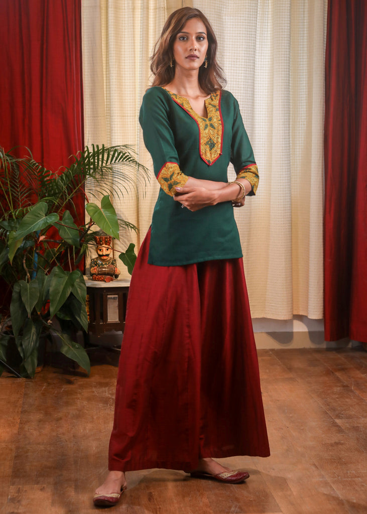 An Exclusive Combination Of Ajrak & Forest Green Cotton Top