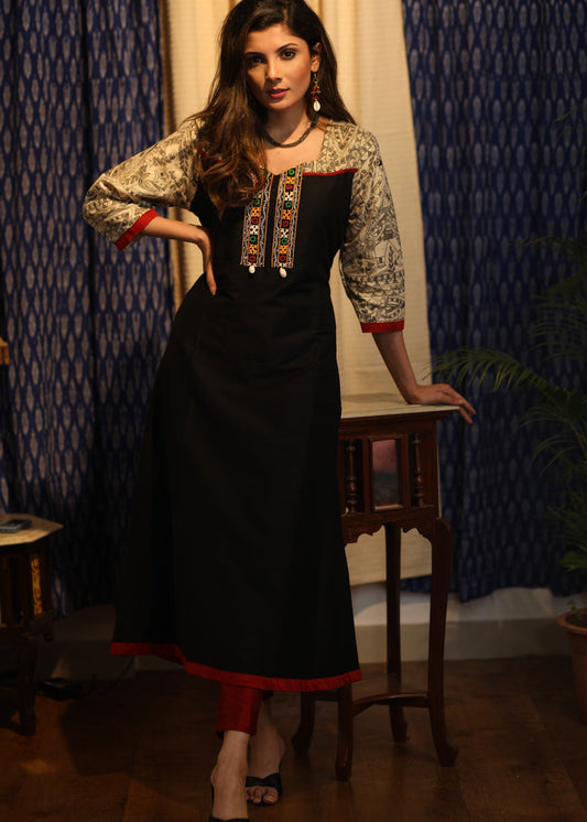 A-line Black cotton silk Kurta with Madhubani yoke, sleeves and Kutch handwork