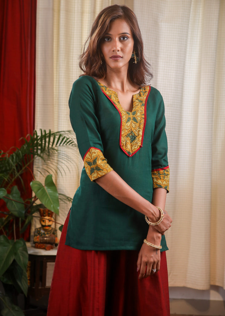 An Exclusive Combination Of Ajrak & Forest Green Cotton Top