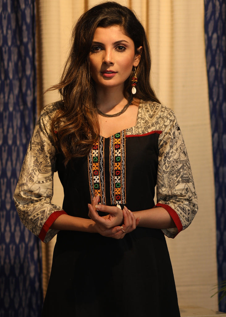 A-line Black cotton silk Kurta with Madhubani yoke, sleeves and Kutch handwork