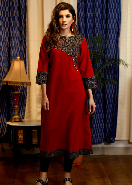 A-line Handloom Cotton Kurta with Ajrakh Yoke and sleeves