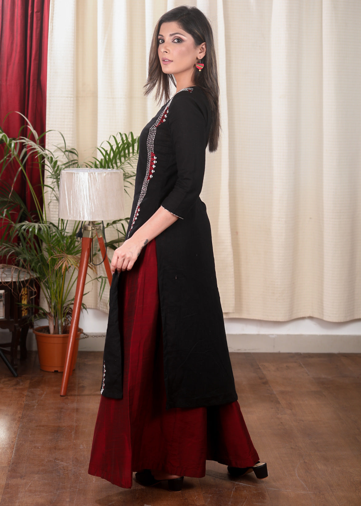Black Straight Cut Cotton Kurta With Exclusive Full Length Embroidery