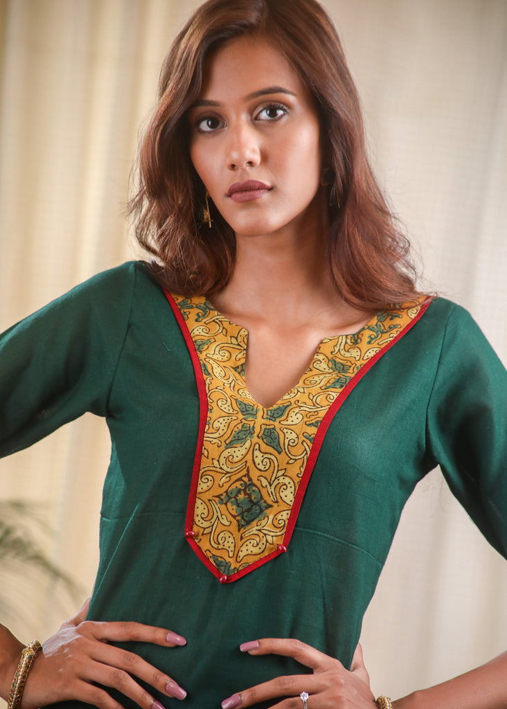 An Exclusive Combination Of Ajrak & Forest Green Cotton Top
