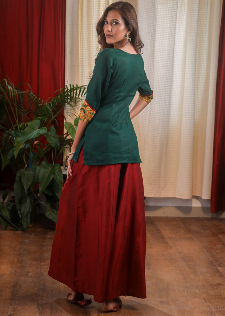 An Exclusive Combination Of Ajrak & Forest Green Cotton Top