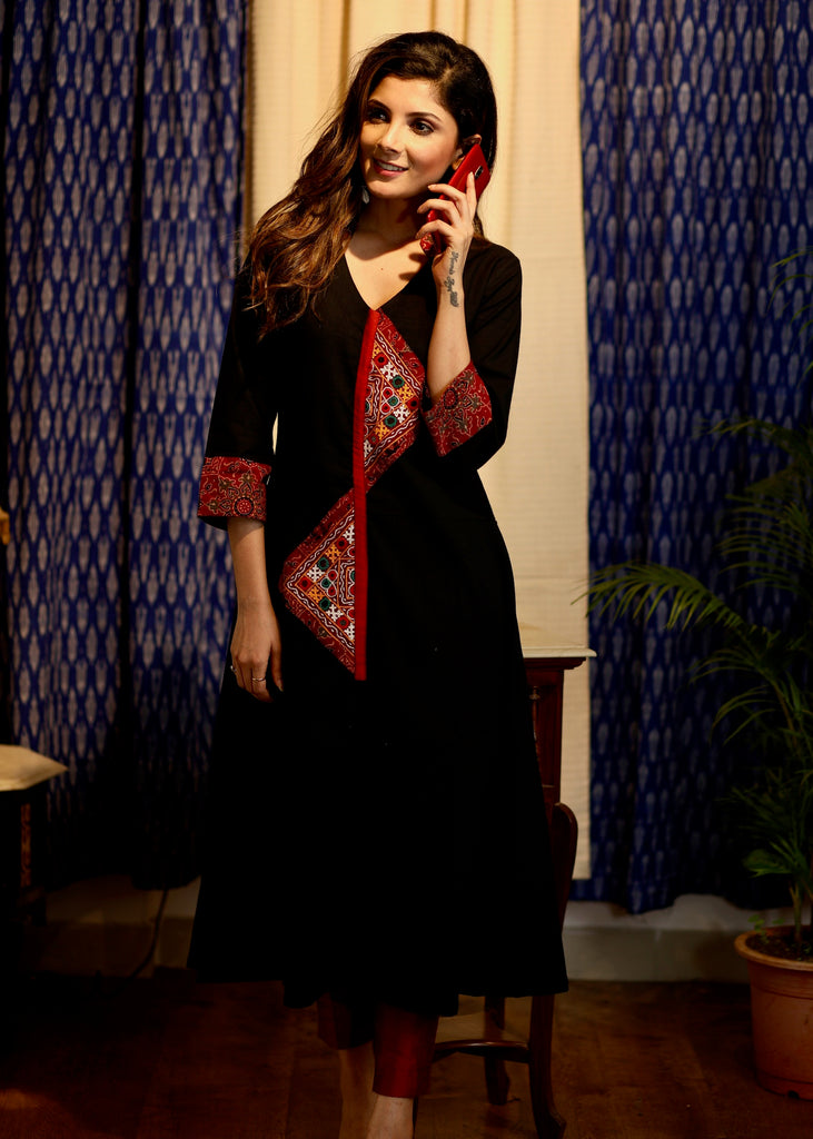 A-line Black Handloom Cotton Kurta with Hand-made Kutch Mirror Work and Ajrakh
