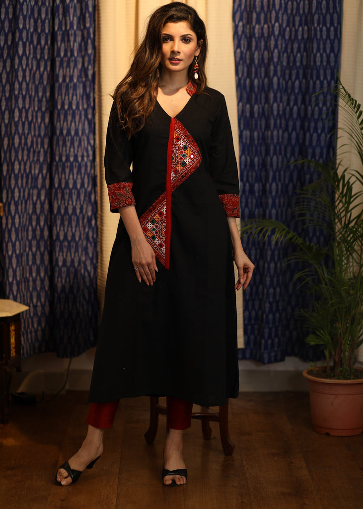 A-line Black Handloom Cotton Kurta with Hand-made Kutch Mirror Work and Ajrakh