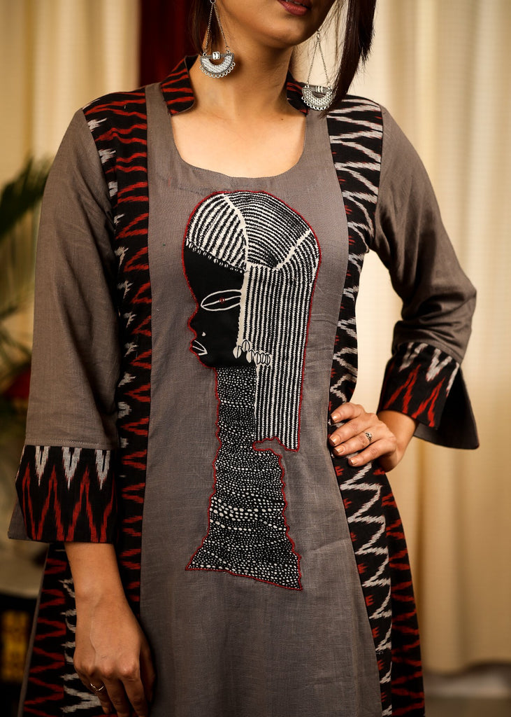 A-Line Black & Grey Ikat Cotton Kurta With Unique embroidered Tribal Motif