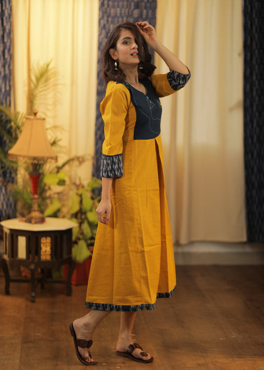 A-line Slightly Pleated Handloom Cotton Kurta / One piece dress with Ikat and Hand Stitched Kites on the Yoke