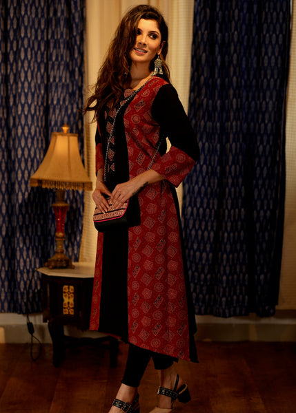 Asymmetric Handloom Cotton Kurta with Ajrakh Contrast