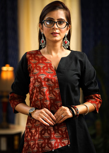 Black handloom cotton & Ajrakh combination top