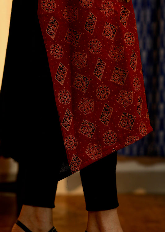 Asymmetric Handloom Cotton Kurta with Ajrakh Contrast