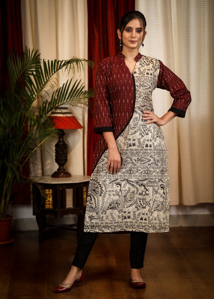 Straight Cut Cotton Ikat Kurta with Exclusive Madhubani Print