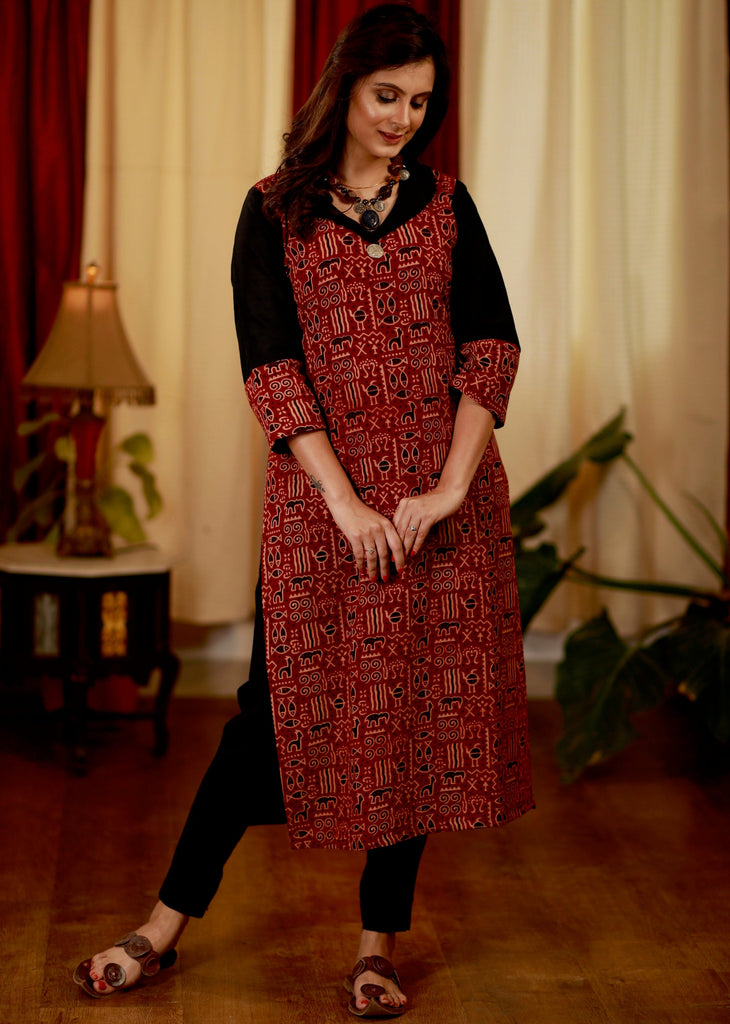 Straight Cut Cotton Ajrakh Kurta with Smart Collars