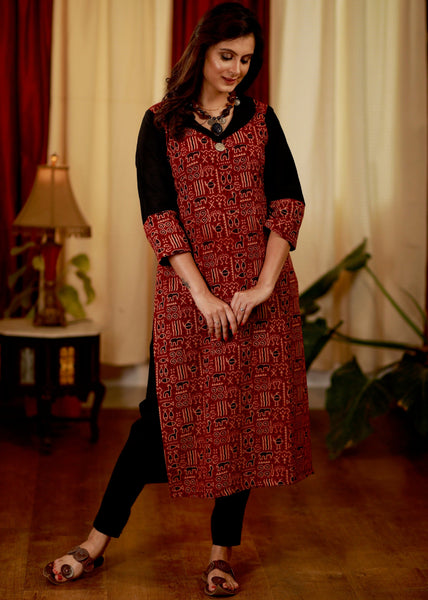 Straight Cut Cotton Ajrakh Kurta with Smart Collars