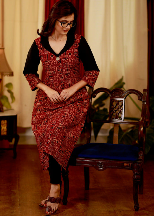 Straight Cut Cotton Ajrakh Kurta with Smart Collars
