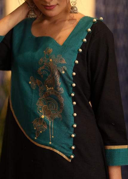 A line Black Cotton Silk  kurta with exclusive Hand-painted yoke