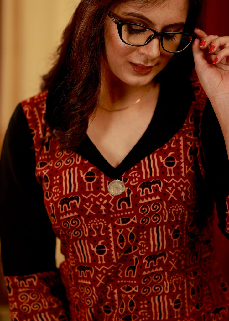 Straight Cut Cotton Ajrakh Kurta with Smart Collars