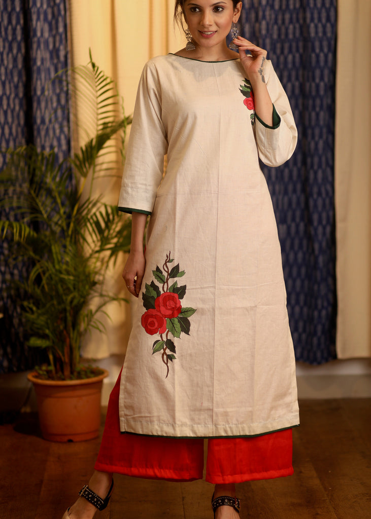 Straight Cut Cotton Kurta with Hand-painted flower motifs