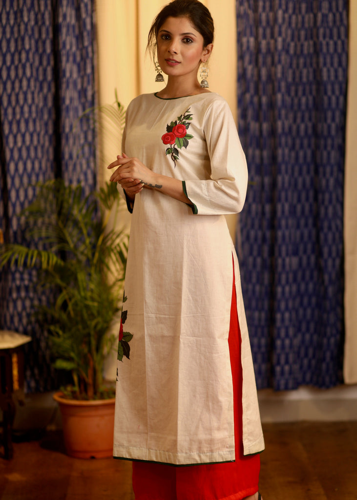 Straight Cut Cotton Kurta with Hand-painted flower motifs
