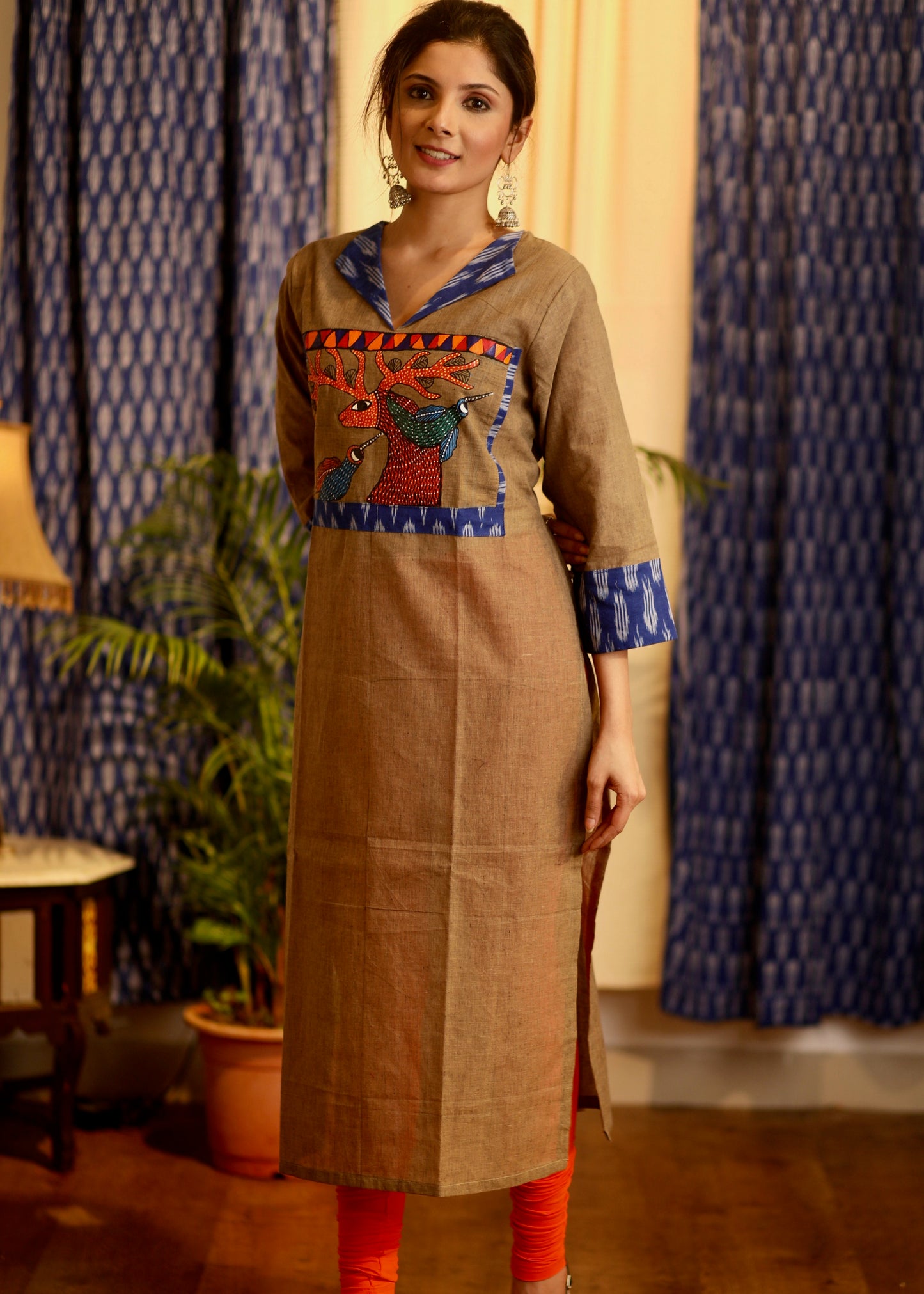 Straight Cut Handloom cotton Kurta with exclusive hand painted Gond Tribal Art and Ikat