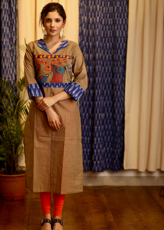 Straight Cut Handloom cotton Kurta with exclusive hand painted Gond Tribal Art and Ikat