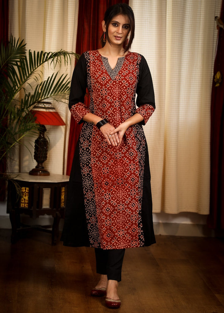 A - Line Cotton Ajrakh Combination Kurta