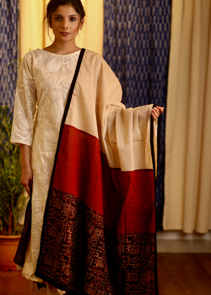 Off White Cotton Handloom Dupatta with Ajrakh