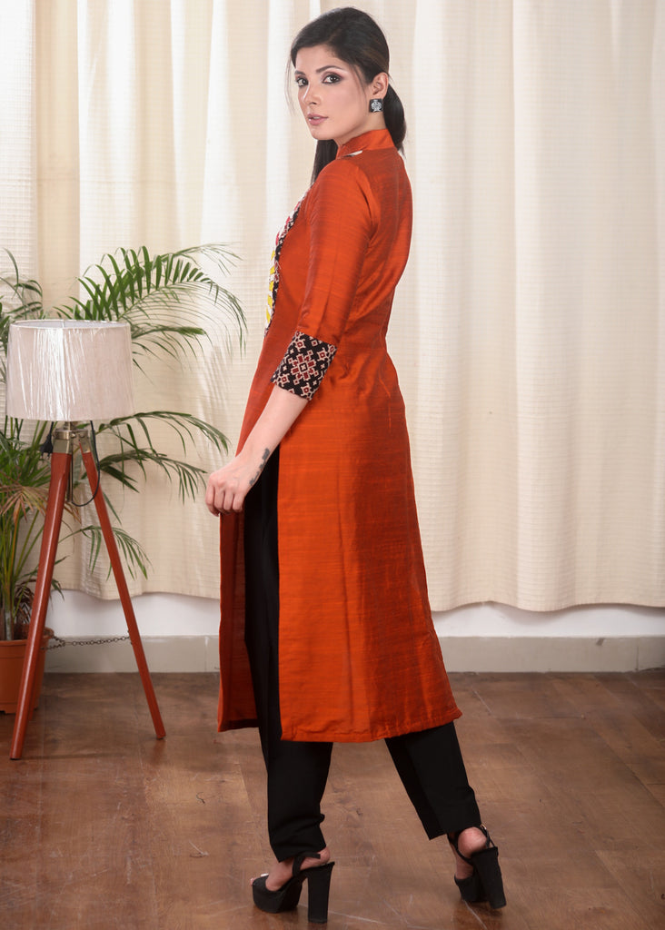 Rust Cotton Silk Straight Cut Kurta With Bright Hand Painted Motif on the Yoke