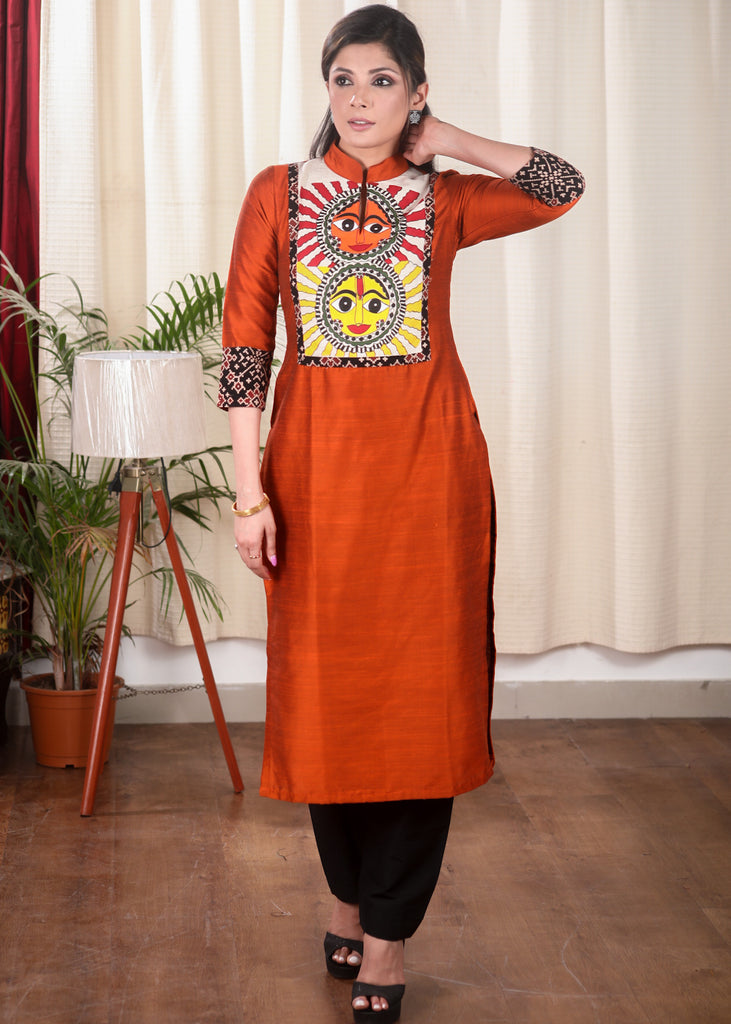 Rust Cotton Silk Straight Cut Kurta With Bright Hand Painted Motif on the Yoke