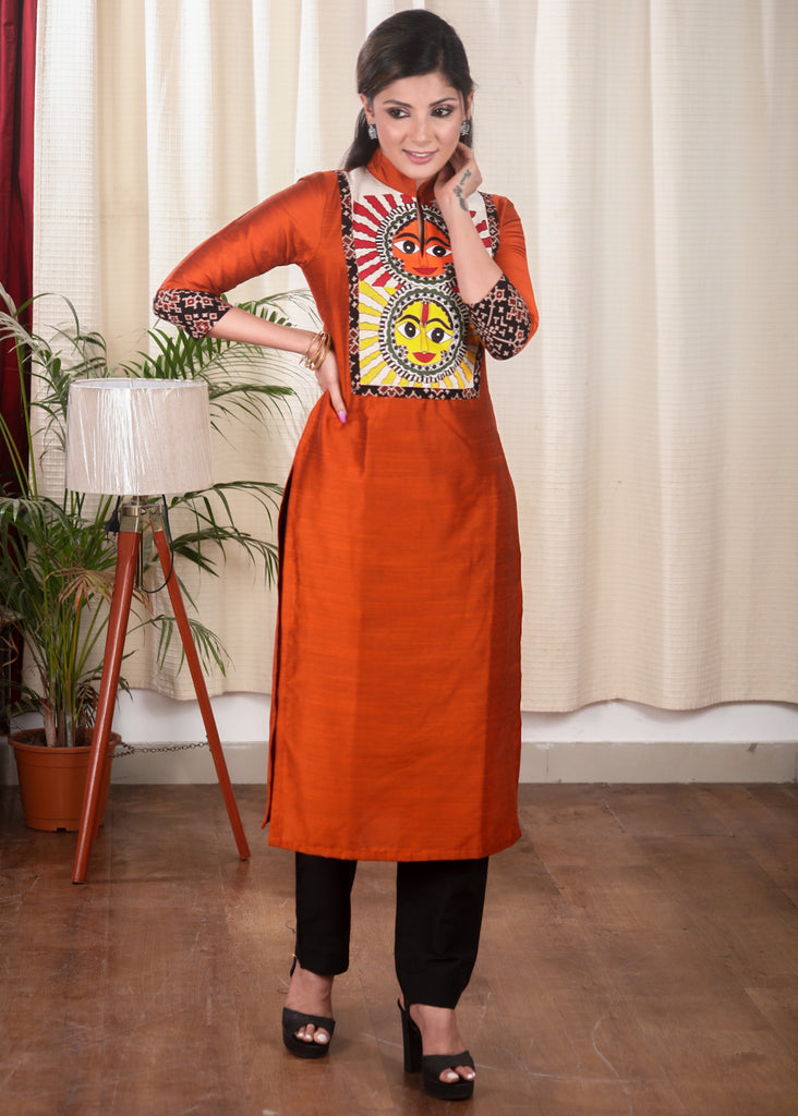Rust Cotton Silk Straight Cut Kurta With Bright Hand Painted Motif on the Yoke